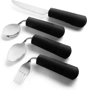 Special Supplies Adaptive Utensils (4-Piece Kitchen Set) Weighted, Non-Slip Handles for Hand Tremors, Arthritis, Parkinson’s Elderly use - Stainless Steel Knife, Fork, Spoons (Black Weighted Bendable) Cutlery Tableware