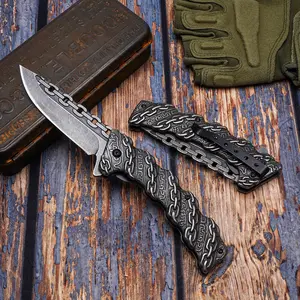 Black patterned folding knife, for hiking, camping, barbecuing, home cooking, and collecting enthusiasts as gifts