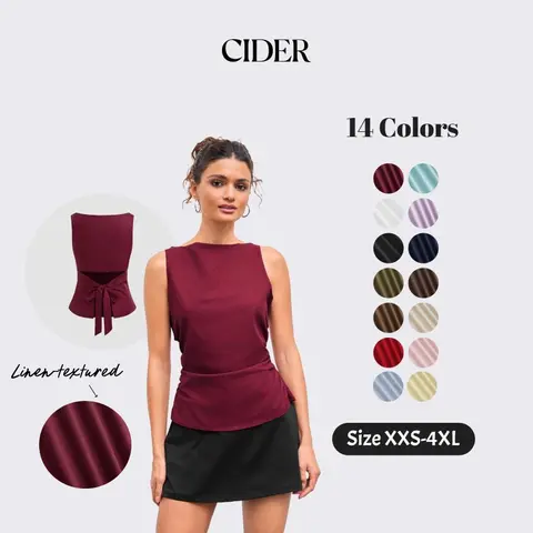 Cider Boat Neckline Solid Bowknot Tank Top, Breathable Linen-Blend Relaxed Fit Sleeveless Blouse, Ladies Lightweight Bow Detail Tops, Urban Chic Fashion, Casual Stretch-Waist Tops