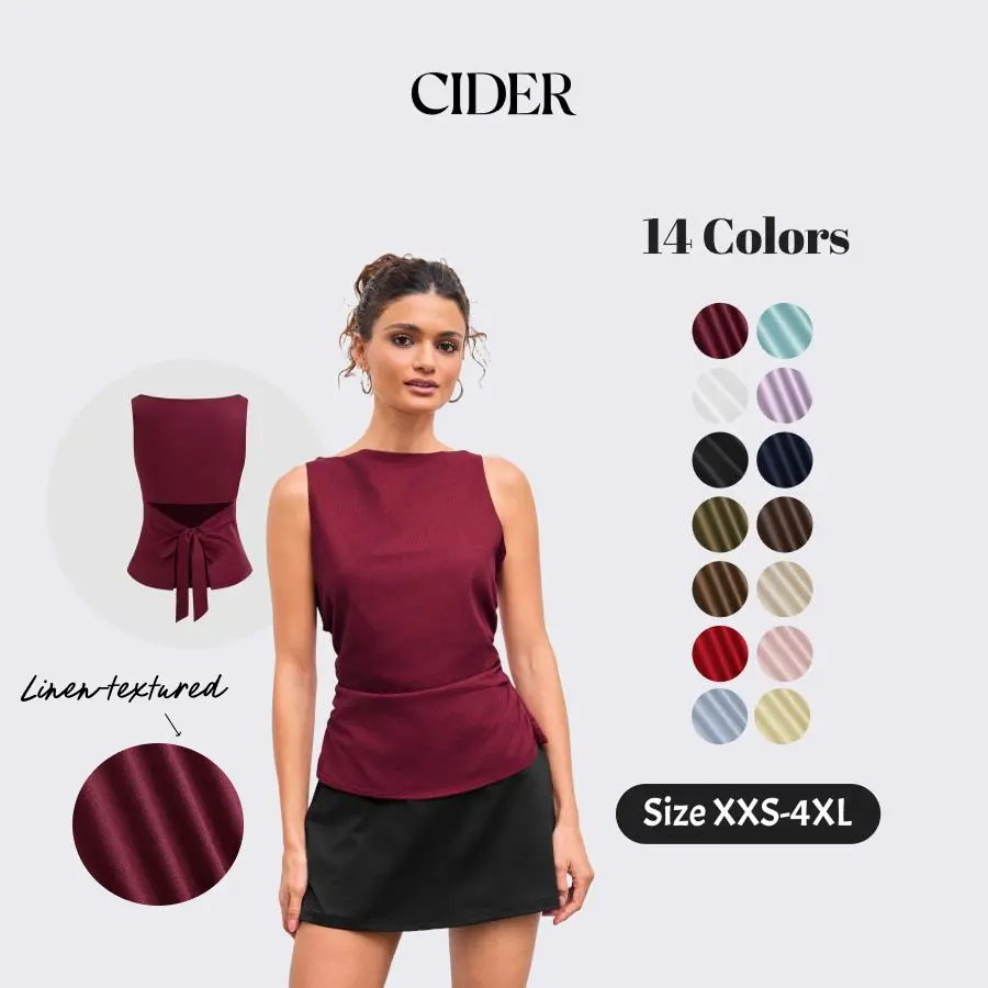 Cider Boat Neckline Solid Bowknot Tank Top, Breathable Linen-Blend Relaxed Fit Sleeveless Blouse, Ladies Lightweight Bow Detail Tops, Urban Chic Summer Fashion, Casual Stretch-Waist Tops SummerFinds