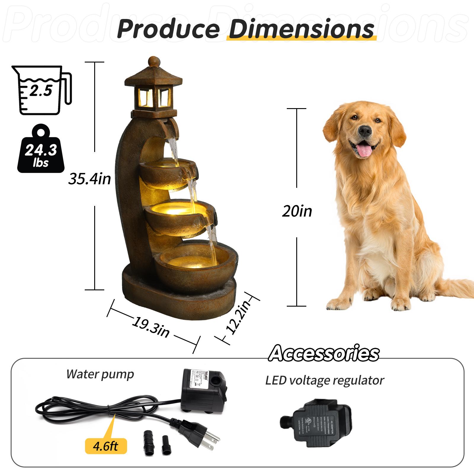 Eyisean 35.4" H Resin Outdoor Water Fountain, All-Weather Freestanding Pagoda Water Feature with LED, 3 Tier Bowl Cascading Lantern Style Garden Fountain for Porch, Home Decor Ideal Gift