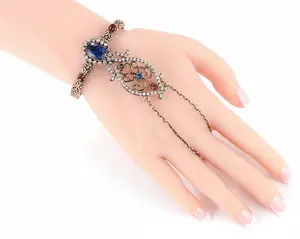 Antique Gold Crystal Flower Cuff Bangle & Bracelet with Finger Chain