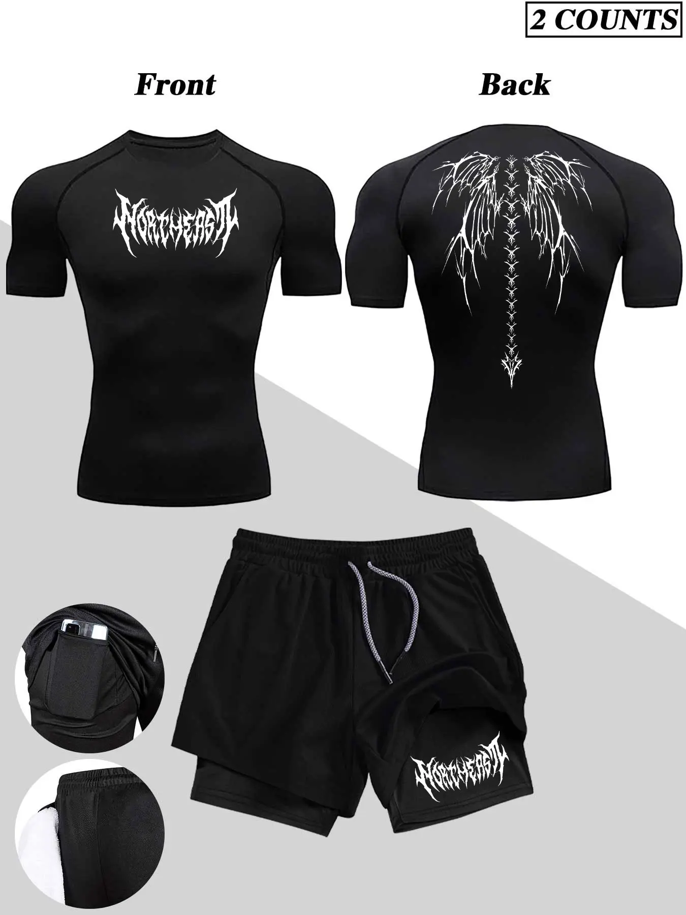 Men's Fitness Running Set, Gothic Letter Print and Wing Pattern, Quick-Dry Elastic Breathable Short Sleeve T-Shirt + Two-In-One Shorts, Athletic Set, Sports Activewear Set, Athletic clothes set
