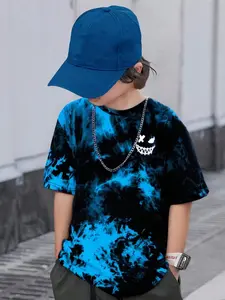 Tie-Dye Graphic Short Sleeve T-Shirt, Gradient Ghost Face Pattern, Trendy Casual Boys' Top, Loose-Fitting, No Collar