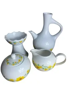 Adey Abeba 4-Piece Collection  By Muluya Essentials Ceramic Includes JEBENA Sugar Bowl Milk Pot & Machesa for Traditional Ethiopian Ceremonies