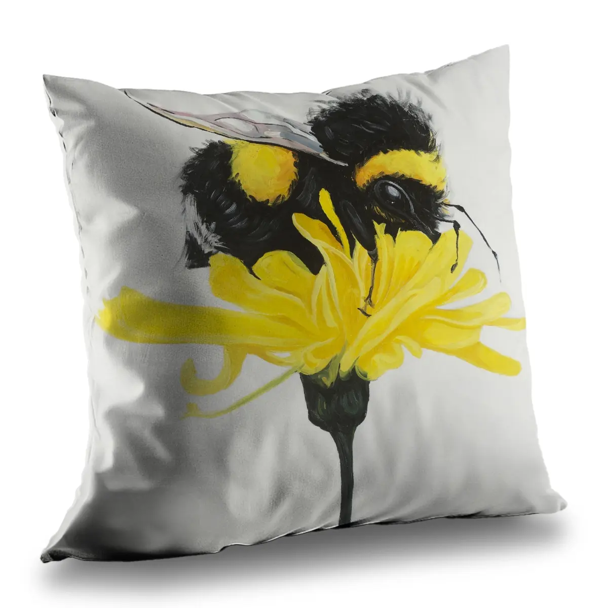 360 Stand 14x14 in Poly Twill Throw Pillow, Twill Weave Indoor/Outdoor Soft Furnishing Textile, Botanical Bee Nature Motif - Bumblebee on Dandelion Yellow Home Decor, 14-Inch Standard Pillows, Aesthetic Standard Pillows