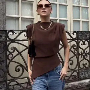 TRAF Summer Tops Women's T-shirt Asymmetrical Crop tops Sleeveless Pleated T-shirts Black Red Brown Woman Clothing Y2K