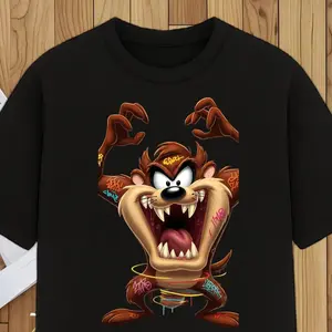 Cartoon Taz Graphic Cotton T-Shirt, Edgy Tasmanian Devil Black Casual Short Sleeve Tee