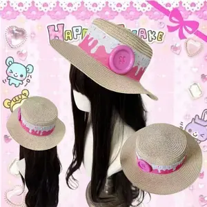 Vintage Sweet Lolita Boater Straw Hat - Pink, Button-Accented, Cream Drip Design, Summer Outdoor Sun Protection Fashion Accessory