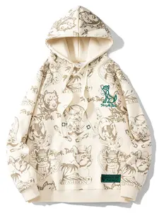 Men's All Over Cartoon Dog Print Drop Shoulder Hoodie, Fashion Casual Regular Fit Drawstring Patched Hooded Sweatshirt for Daily Holiday Outdoor Wear, Men Clothes for Spring & Fall