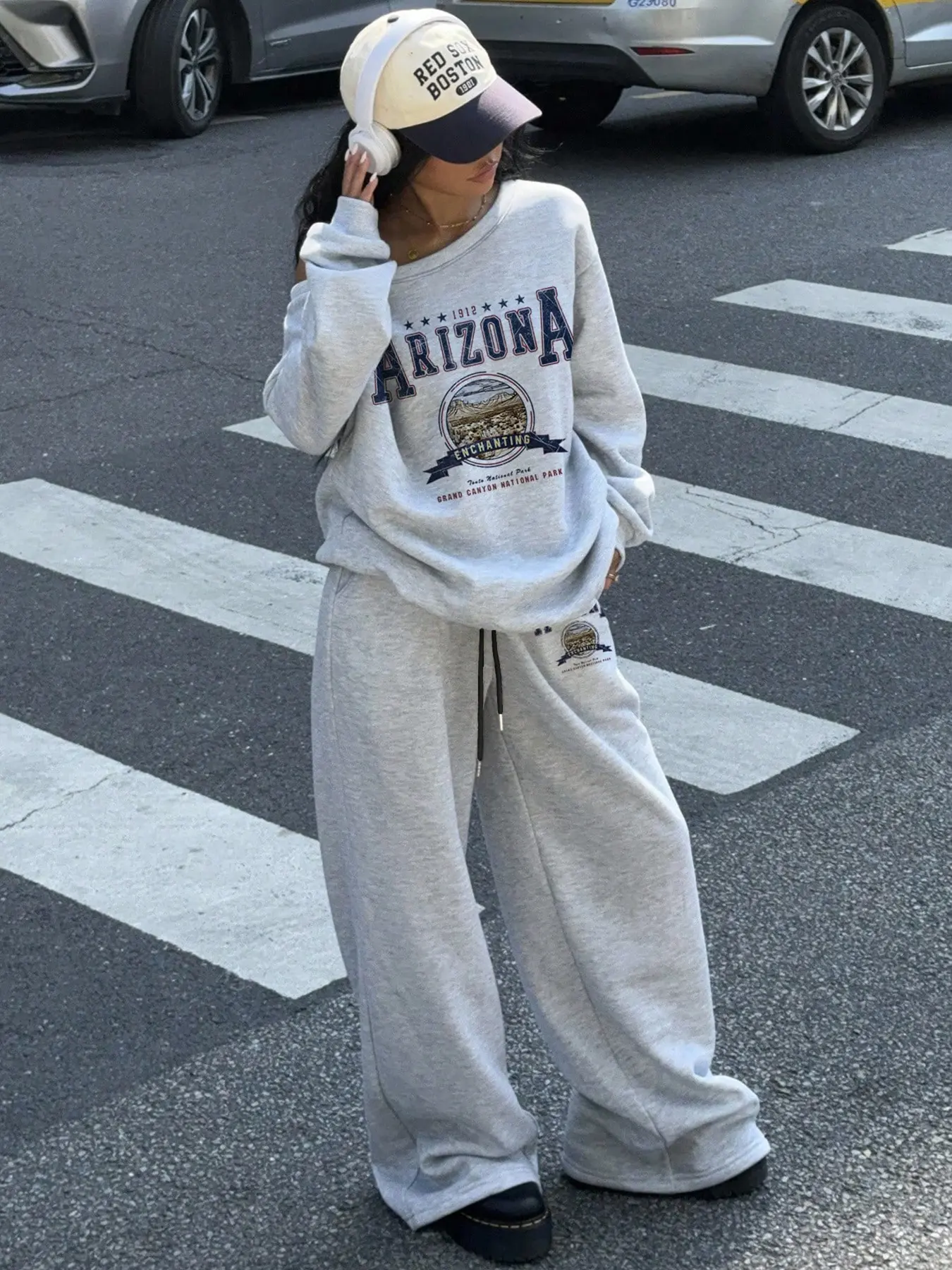 Women's Arizona Print Off-Shoulder Hoodie Set, Loose Fit Casual Long Pants, Perfect Layered for Spring & Fall