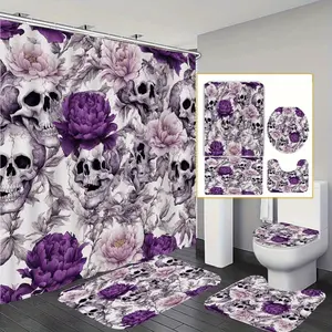 4pcs Gothic Floral Skull Shower Curtain Set with 12 Hooks, Non-Slip Bath Mat & U-Shaped Toilet Seat Cover - Polyester, Washable Bathroom Decor with Purple Roses & White Skulls, Bathroom Decor And Accessories