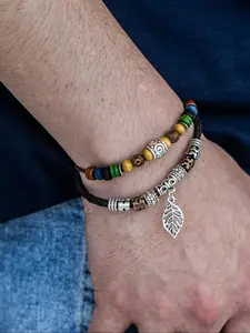 Vintage Leaf Charm Beaded Decor Bracelet, Boho Style Drawstring Bracelet for Men & Women, Fashion Accessories for Daily Wear, Boho Style Jewelry