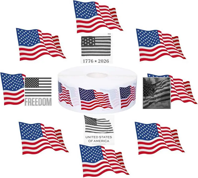 100 Pcs American Flag Stickers Roll, Self-Adhesive Patriotic USA Flag Labels for Envelopes, Gift Sealing, Crafts & 4th of July Decor