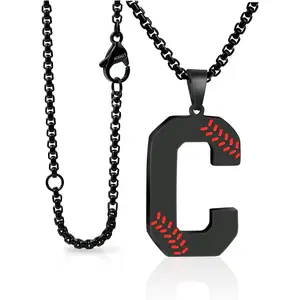 Baseball Initial Necklace for Boys Men A-Z Letter Necklaces Chain Stainless Steel Pendant with Accessories Sport Charm Baseball Gifts for Team Player Athlete Lover Fans-