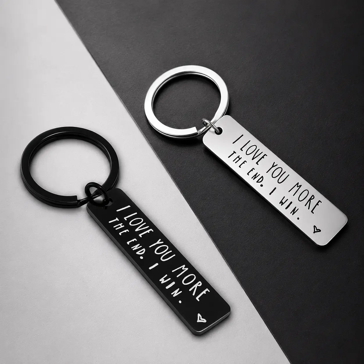 Stainless Steel Engraved Love Keychain - "I Love You More" & "The End I Win" Engraved Message, Oblong Shape Rectangular Bar, Black/Silver Anniversary Gift for Couples, Gifts For Boyfriend