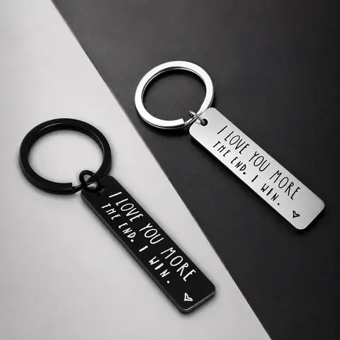 I Love You More Keychain for Couples - Stainless Steel Bar Keyring Engraved "I Love You More. The End. I Win.", Playful Romantic Gift for Husband, Wife, Boyfriend, Girlfriend or Fiancé, Silver or Black