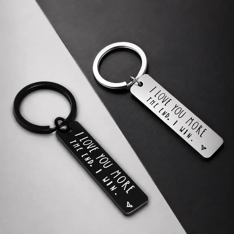 I Love You More Keychain for Couples - Stainless Steel Bar Keyring Engraved "I Love You More. The End. I Win.", Playful Romantic Gift for Husband, Wife, Boyfriend, Girlfriend or Fiancé, Silver or Black