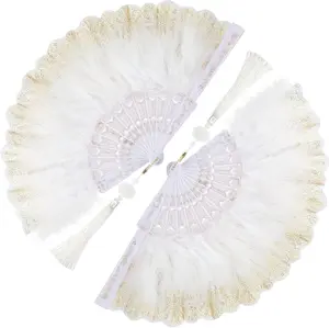 2 Pieces Feather Hand Fan Embroidered Flower Marabou 1920s Feather Fan Hand Folding Drag Queen for 20s Women Costume Party Dancing Photoshoot Wedding Decor(White with Gold)