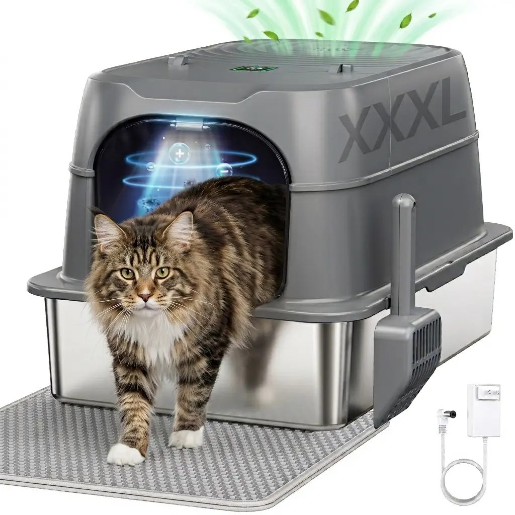 Odor Reduction Stainless Steel Cat Litter Box 60L With Lid,Automatic Smart Control,Plasma Sterilization Deodorizer,3-in-1 Detachable Enclosed,High Sided Anti-Urine Leakage,Include Mat & Scoop,Non-Stick,Easy Clean,Scratch Resistant,Rust Free,Cat Tray Pet