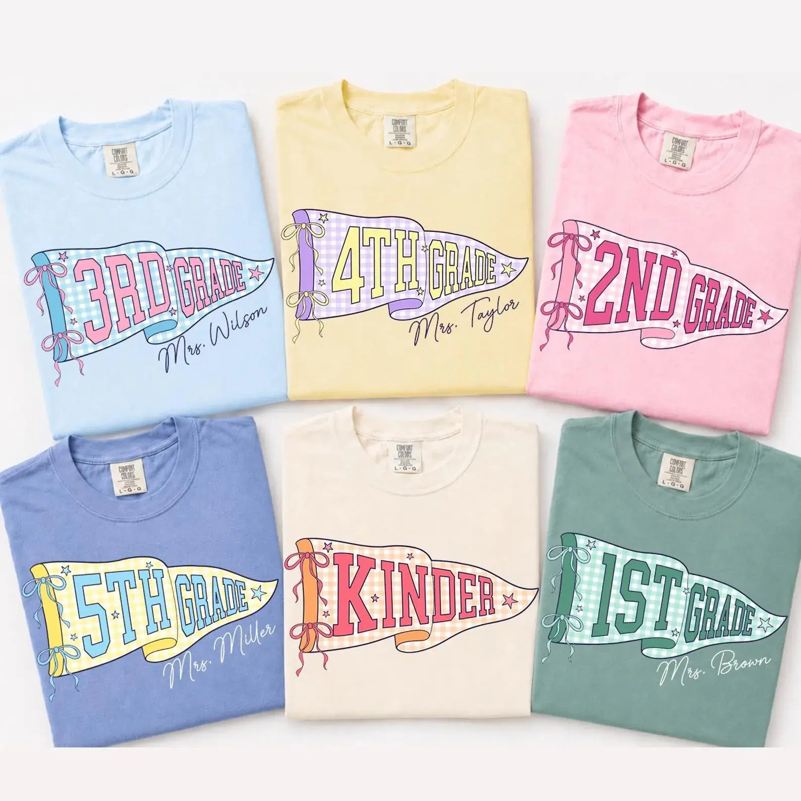 Custom Grade Level Teacher Shirt, Personalized Teacher Name Comfort Colors Tee, Pennant Flag Back To School Shirt, Teacher Team Gift, First Day Of School Teacher Shirt