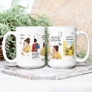"Entonces Se Disfraza" Motivational Mug 11oz & 15oz, White Ceramic Coffee Cup with Women's Superwoman Everyday Illustrations, Empowering Spanish Phrases Print Drinkware, Perfect Present for Self-Care and Motivation