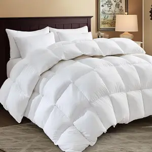 White Luxurious Goose Feather Down Fiber Comforter, All Season Bed Comforter,Soft 100% Cotton Duvet Insert with Corner Tabs, Queen Size 90"X90"
