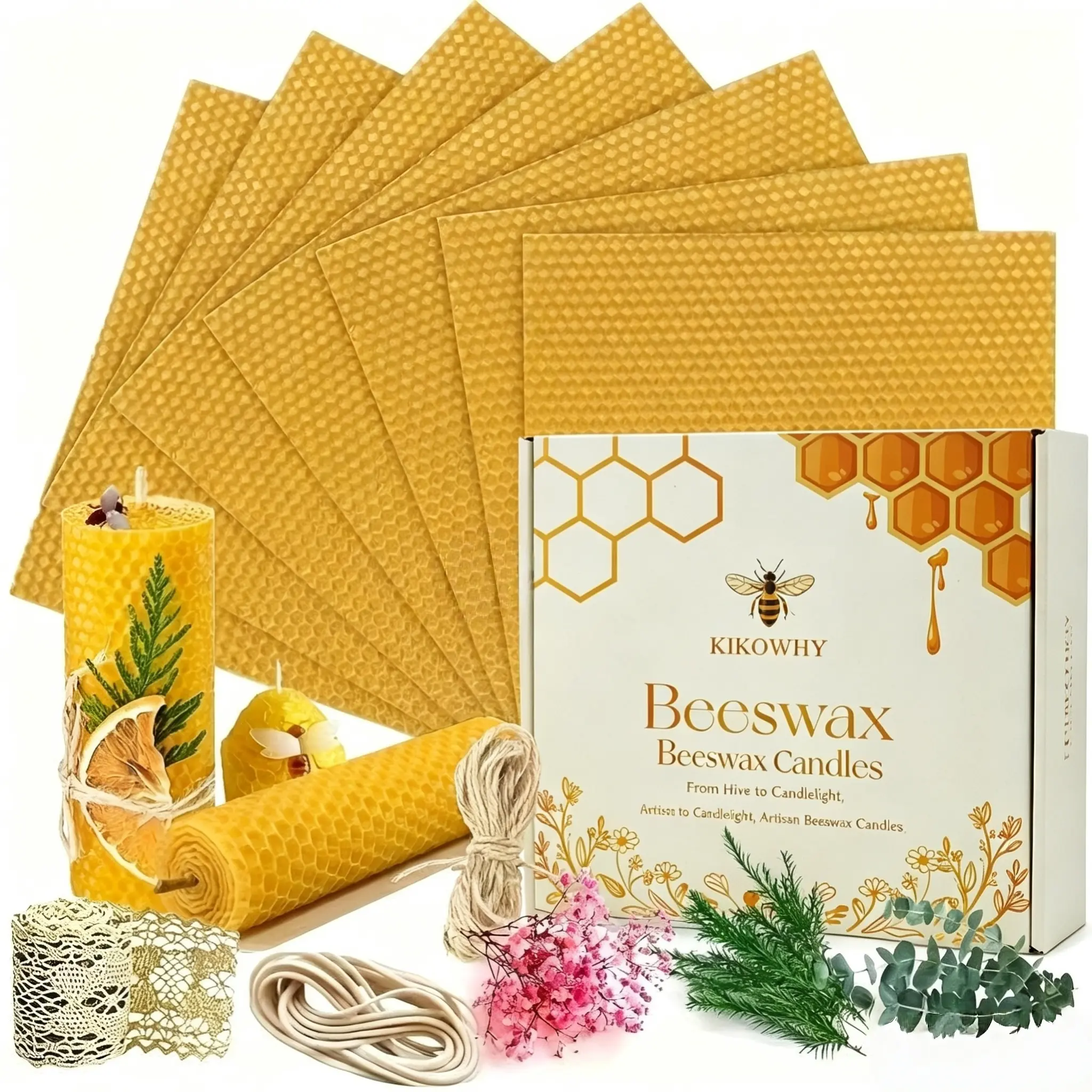 10pcs yellow beeswax honeycomb sheets candle making kit 20x20cm with cotton wicks dried flower accessories diy craft ambient lighting home decor souvenir gift for halloween christmas thanksgiving valentine Unscented