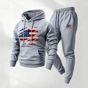 Men's 2-Piece American Flag Print Polyester Hoodie & Drawstring Sweatpants Set - Long-Sleeve, Loose-Fitting, Casual Athletic Tracksuit for Fall Winter Daily Wear, Indoor Sports