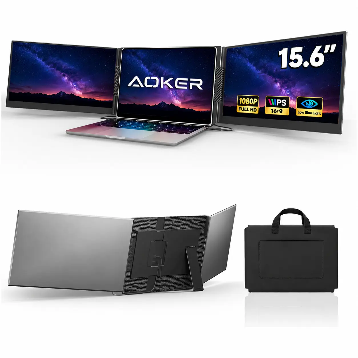 AOKER 15.6" Model Dual Screens Portable Extender for 13-17.3" Laptops, 1080P FHD IPS Monitors, Aluminum Alloy Width-Adjustable Foldable Design, Extends View, 4.01 lbs, Display Only, Dual Video Output Required