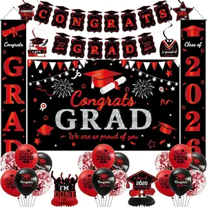 Roetyce Graduation Decorations Men Women, Black Red Congrats Grad Door Banners Balloons Hanging Swirls Centerpieces, Red Class of 2026 Party Supplies Indoor/Outdoor, Graduation Photo Backdrop