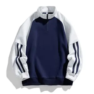 Men's Navy & Light Heather Grey Raglan Half Zip Stand Collar Sweatshirt, Three Dark Stripes On Long Sleeves Ribbed Cuff & Hem Loose Fit Pullover, Color Block Retro Athletic Casual Top For Spring Autumn Daily Fashion Outfits