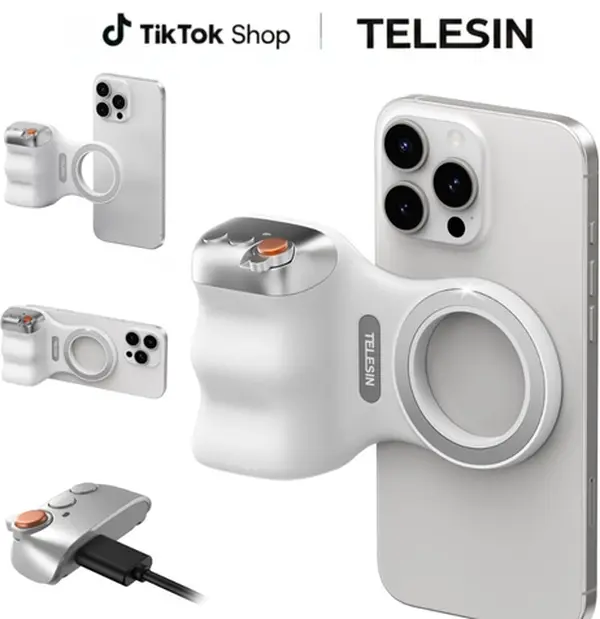 TELESIN Upgraded Magnetic Grip with USB-C Rechargeable Remote, 3KG Strong Magnet Camera Handle for Outdoor Sports Soccer Season, Vlogging, Steady Shots for iPhone, Android,Samsung,