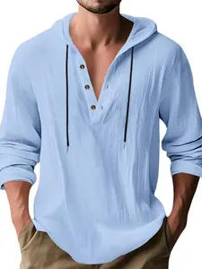 Men's Loose Fit Linen Hooded Shirt, Breathable Long Sleeve Beach Henley, Casual Fitted Top for Spring & Fall, Comfortable Outerwear