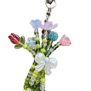 Bead Flower Bouquet Keychain Handmade Mini Gift with Colorful Beads and Green Stem Design Decor Lightweight 7 Beaded Flowers Tied with Soft Ribbon Perfect for Bags Backpacks and Keys