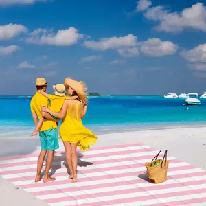 Pink Stripe Foldable Picnic Blankets - Sandproof, Waterproof, Extra Large 78x86in Lightweight Beach Blanket with Stakes, Sand Pocket for Beach, Camping Outdoor Use