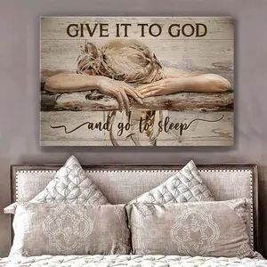 Artistic "Give It To God and Go To Sleep" Framed Canvas Wall Art, Rustic Farmhouse Religious Christian Decor for Bedroom, Living Room, Blessing Gift