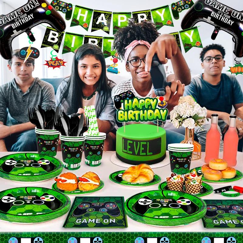 Video Game Birthday Party Decorations for Boys,194pcs Birthday Decorations&Tableware Set-Plates Cups Napkins Tablecloth Balloons