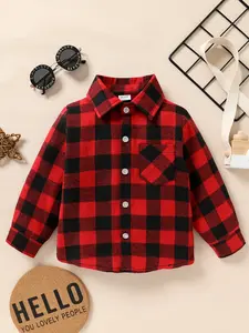 Baby Boy Solid Color Long Sleeved Shirt, Button Neck Checkered Shirt