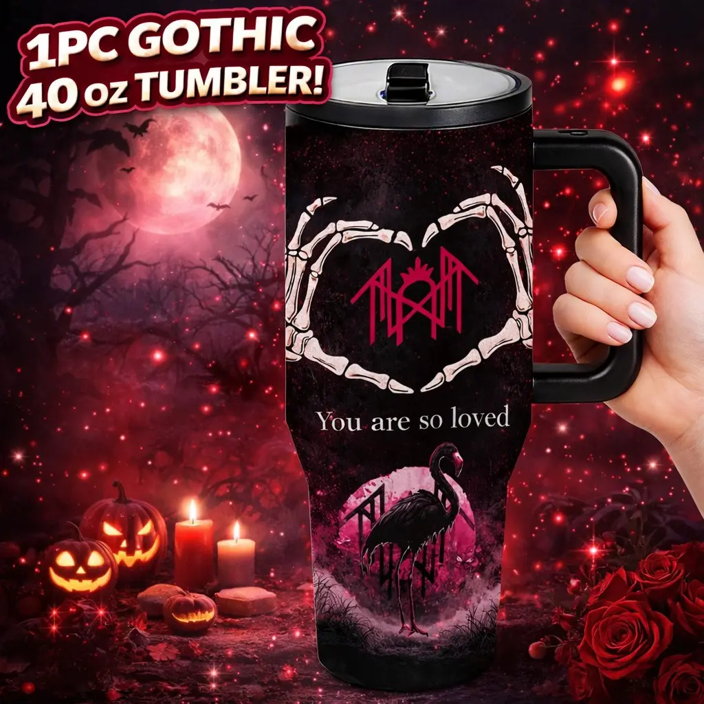 1pc 40oz Sleep token Gothic Flamingo Skeleton Heart Tumbler With Handle And Lid, Dark Aesthetic Stainless Steel Insulated Travel Mug, Thermal Mug, Keeps Drinks Cold 12H Hot 6H, Coffee Cup Gift For Music Fans