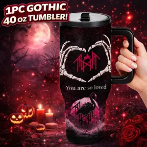 1pc 40oz Sleep token Gothic Flamingo Skeleton Heart Tumbler With Handle And Lid, Dark Aesthetic Stainless Steel Insulated Travel Mug, Double Wall Vacuum Cup Keeps Drinks Cold 12H Hot 6H, Emotional Quote Coffee Cup Gift For Music Fans