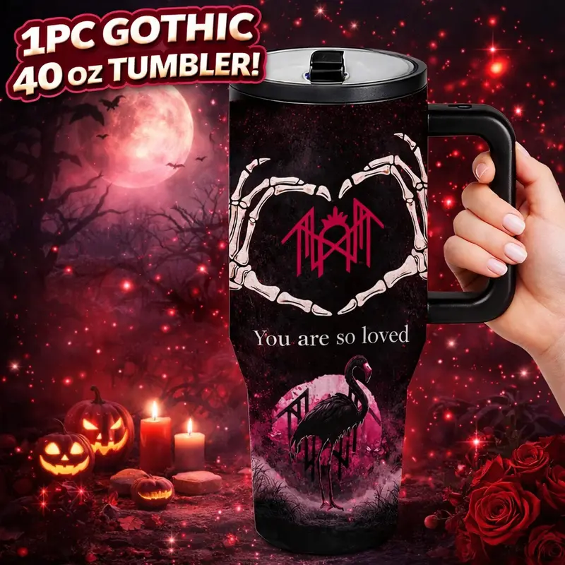 1pc 40oz Sleep token Gothic Flamingo Skeleton Heart Tumbler With Handle And Lid, Dark Aesthetic Stainless Steel Insulated Travel Mug, Insulated Water Cup, Thermal Mug, Keeps Drinks Cold 12H Hot 6H, Coffee Cup Gift For Music Fans