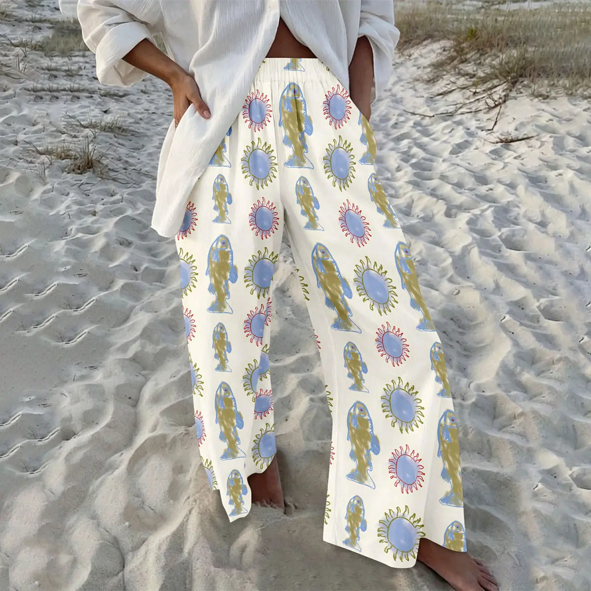 Clownfish-Print Wide-Leg Pants — Vacation Style: Breezy, Printed Wide-Leg Casual Trousers. A Cool Summer Look—Perfect for Lounging at Home or Wearing Out.