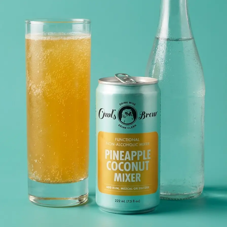 Owl's Brew Pineapple Coconut Functional Cocktail Mixer, Non-Alcoholic Pina Colada Mocktail Mix with Real Coconut Water and Chai Spices, 4 Pack