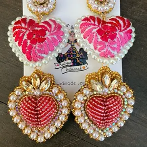 Milagrito Heart Embroidered Earrings with Pearls and Gold Accents Handmade Jewelry for Women