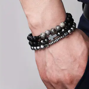 Men’s 3-Piece Cross Beaded Bracelet Set, Stainless Steel Cross Charm Stretch Natural Stone & Hematite