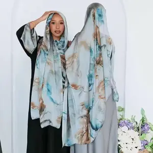 Premium Satin Painting Marble Hijab Scarf Lightweight Gradient Color Shade Hair Wraps Long Hijabs Scarves For Women