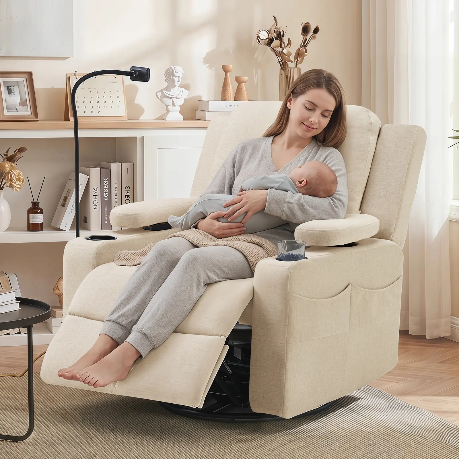 Furnimart Motorized Rocking Armchair for Nursery Parents, 3-Motor Reclining Swivel Chair with Adjustable Arms, Phone Holder, Side Storage & Soft Waterproof Fabric (Assembly Required)