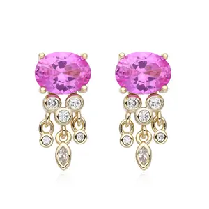 Aurora Spark Drops Earrings with Green Gemstone and Dangling Cubic Zirconia Stones in Gold Tone