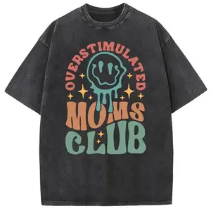 Overstimulated Moms Club Graphic Vintage Washed Oversized T Shirt Men Streetwear Acid Wash Cotton Crewneck Drop Shoulder Casual Summer Tee